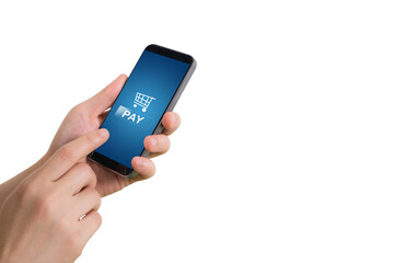 human hand hold smartphone, tablet, cell phone with blue screen and pay button.