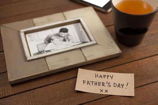 Paper with text by picture frame and coffee cup on table