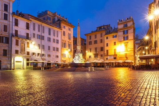 Fountain with obelisk at Piazza della Rotonda, at night, Rome, Italy