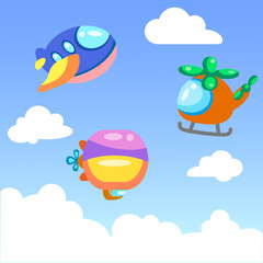 Flying machines: airplane, helicopter and airship.
