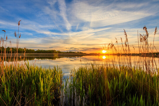 Fototapeta Scenic view of beautiful sunset above the pond