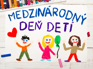 Obraz na płótnie Canvas Colorful drawing. Children's day card with Slovak words Children's day.