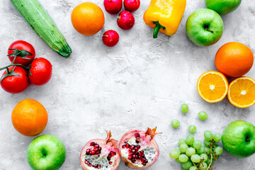 diet food with fresh fruits and vegetables salad stone background top view mockup