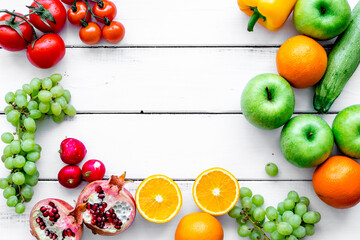 diet food with fresh fruits and vegetables salad white background top view mockup