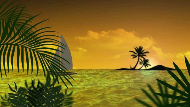 Sunset and view from beach with palm trees to sea with a yacht. 4K Ultra High Definition video animation loop.