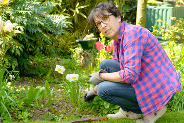 woman gardening in her beautiful garden.