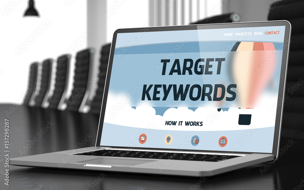 Poster target keywords - landing page with inscription on mobile computer display on background of comforta