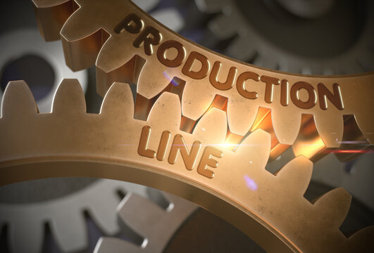 Production Line - Illustration with Glowing Light Effect. Production Line on Mechanism of Golden Cog Gears with Lens Flare. 3D Rendering.