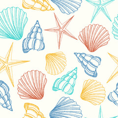 Seamless background with shells in color. Summer vector design. Seamless pattern can be used for pattern fills, wallpaper, web page background,surface textures.