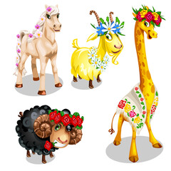 Romantic cartoon animals with floral decoration