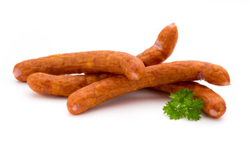 Stack of smoked sausages isolated on a white background.