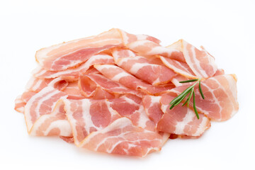Bacon isolated on white background. Delikatese food.