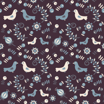 Seamless pattern with birds, berries and flowers. Vector illustration.