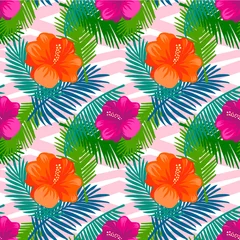 Badezimmer Foto Rückwand Seamless pattern tropical palm leaves on a geometric background. Vector tropic wallpaper design. © LilaloveDesign