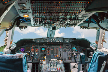 Old cockpit of a passenger airline plane