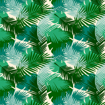 Seamless pattern tropical palm leaves on a white  background. Vector tropic wallpaper design.