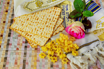 Pesach Still-life with wine and matzoh jewish passover bread