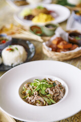 Pork with Herbs and Egg Plant Spicy Salad on table