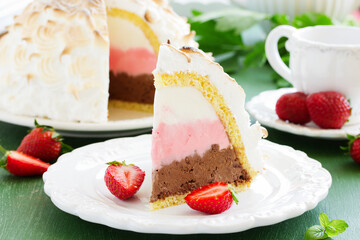 Sponge cake Alaska ice cream and meringues.