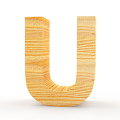 Capital letter U. Wooden alphabet isolated on white. 3D illustration