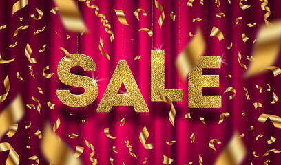 Glitter gold grand sale sign and falling golden foil confetti on a red curtain background. Vector illustration.