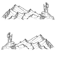 Set of hand drawn vector illustrations the mountains with a tourist in engraving style