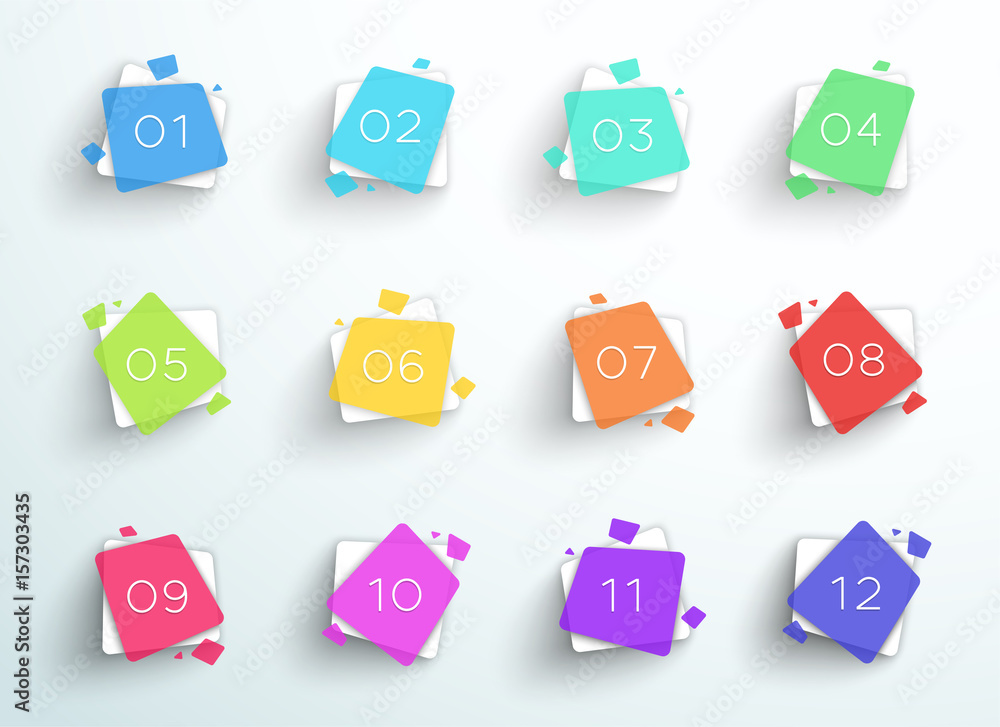Poster number bullet point abstract colorful squares 1 to 12 vector