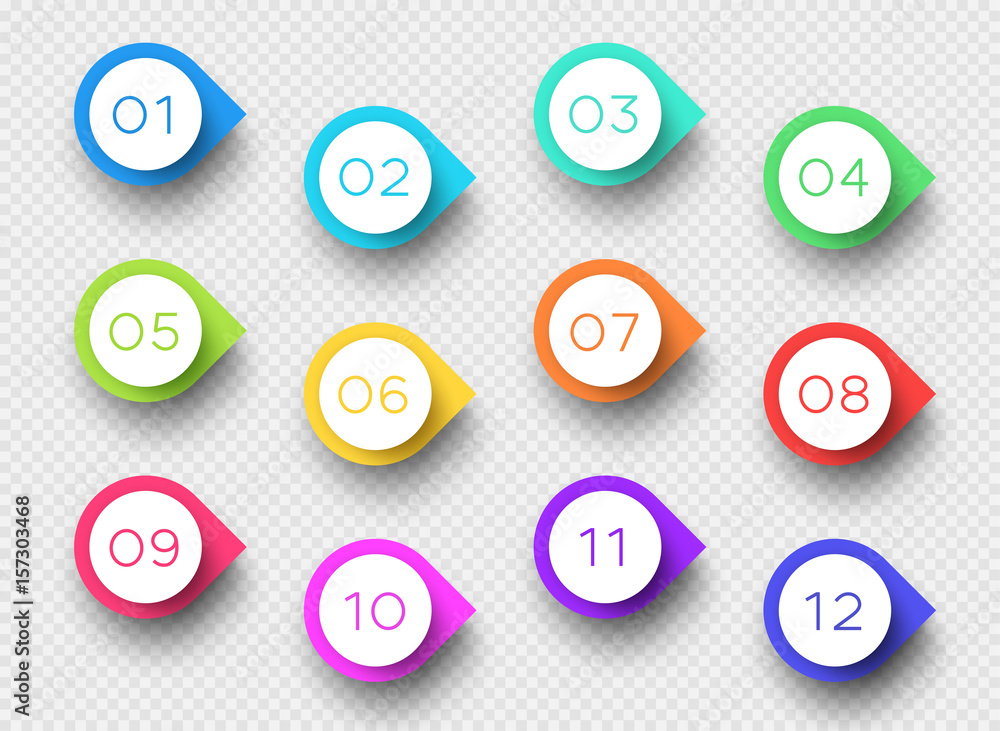 Poster number bullet point colorful 3d markers 1 to 12 vector