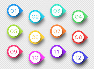 Number Bullet Point Colorful 3d Markers 1 to 12 Vector - obrazy, fototapety, plakaty