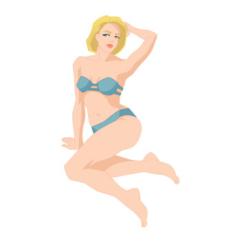 Vector illustration of pin up blonde girl in bikini on white background
