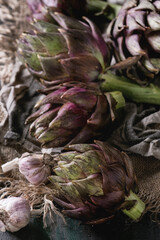 Uncooked whole organic wet purple artichokes with garlic on textile sackcloth over dark wooden background. Rustic style. Top view