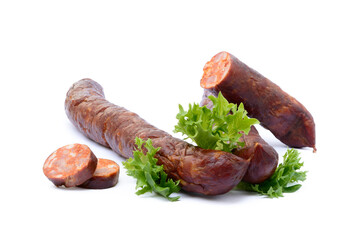 Tasty high quality smoked sausage isolated on white background
