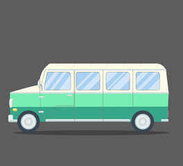 Travel van flat square icon with long shadows.
