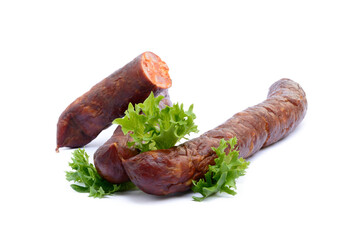 Tasty high quality smoked sausage isolated on white background