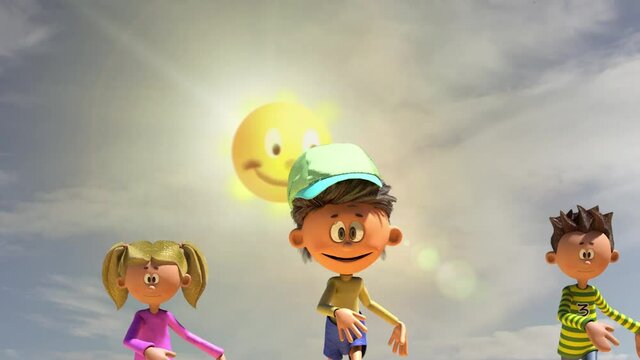 animated cartoon children running on a bright Sunny day render 3D