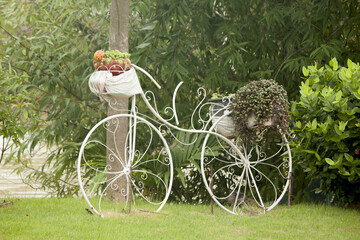 Fototapeta na wymiar Old bicycle used to decorate the garden.