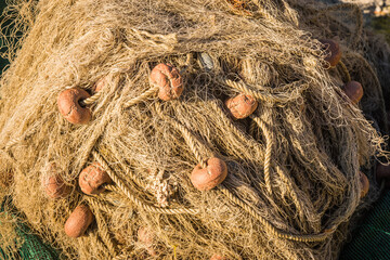 Close up view of fishing nets, Milos island, Greece - obrazy, fototapety, plakaty