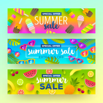 Set of summer sale banners. Vacation, holidays and travel colorful bright background. Vector illustration.