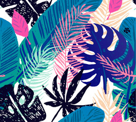 Seamless trendy pattern with blue exotic palm leaves on a white background. Vector botanical illustration