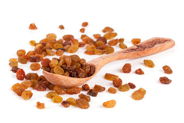 raisins with a wooden spoon isolated on white background