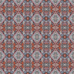 Beautiful seamless eastern carpet decoration pattern, abstract ornament of round and square or rhombus elements. The texture background of carpets. Multi colored. Useful as wallpaper