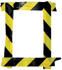 Yellow Black Caution Warning Tape Notice Sign Frame Vertical Adhesive Sticker Background Diagonal Hazard Stripes Signal Safety Attention Concept Isolated Large Closeup Old Aged Grunge Pattern