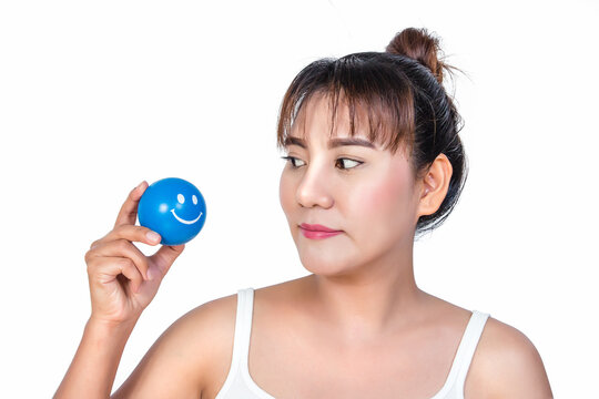 Asian Woman With Smiley Face Stress Ball