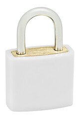 White Isolated Padlock Macro Closeup, Large Detailed Vertical Studio Shot, Closed Lock Protection Security Concept, Golden Brass