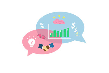 Business logic vs Business support. lighting,heart,shake hand,%,graph,$,dollar,brain,blue,pink. Chat Communication Speech Bubbles. Business Conversation Social Network. Flat Vector Illustration Icon.