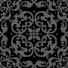 Halftone round black seamless background spiral curve cross flower leaf vine