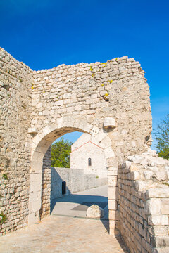 Old stone upper town gate in medieval historic town of Nin, Dalmatia, Croatia 
