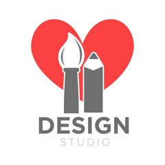 Design studio vector icon template of paintbrush and pencil on heart