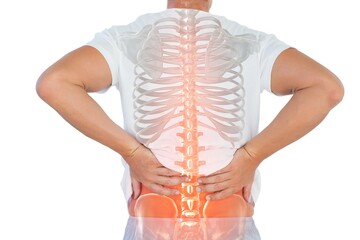 Digital composite of highlighted spine of man with back pain