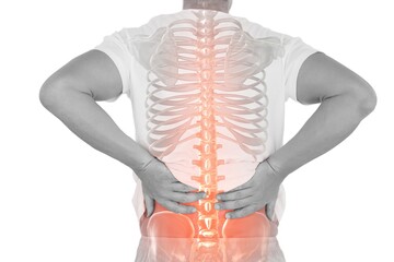 Digital composite of highlighted spine of man with back pain